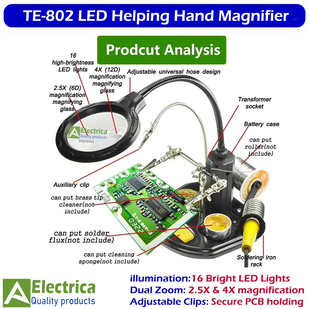TE-802 LED helping hand magnifier soldering stand with adjustable clips Parts Detail