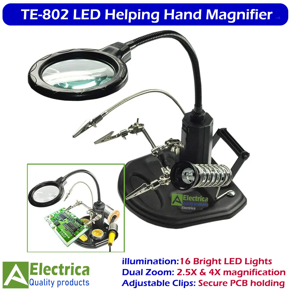 TE-802 LED helping hand magnifier soldering stand with adjustable clips