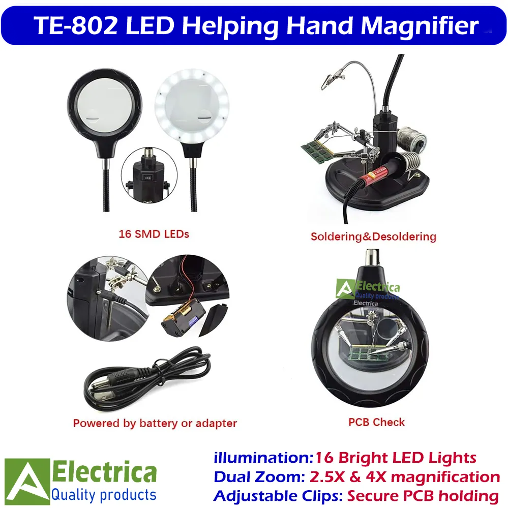 TE-802 LED helping hand magnifier soldering stand with adjustable clips overwiew